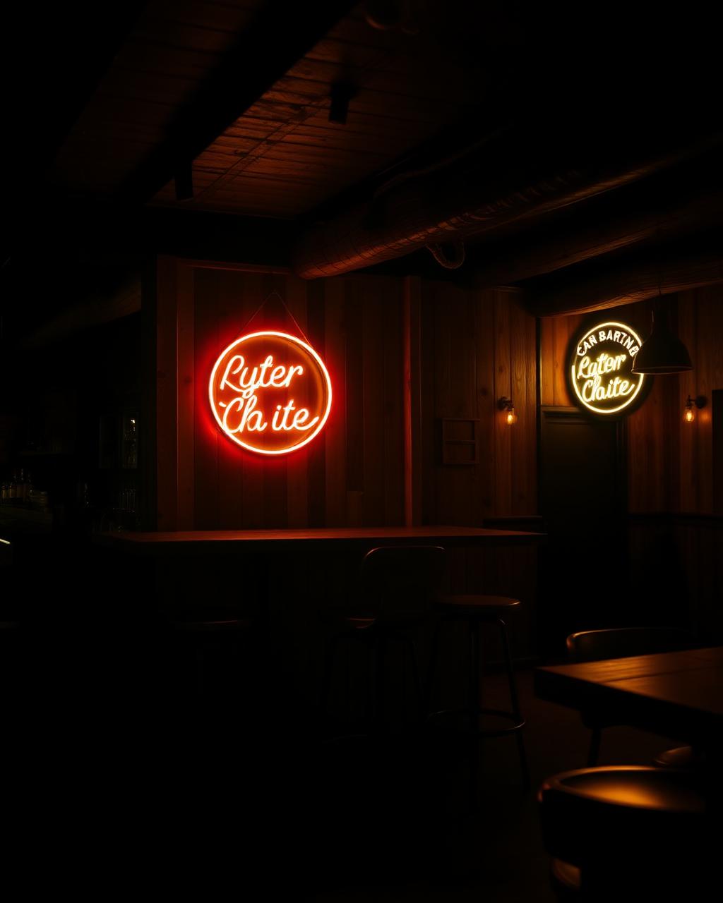 Dark wood bar interior with neon signage at Concrete Cowboy New Orleans