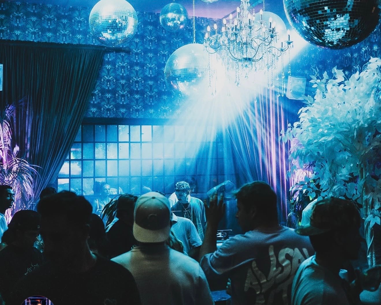 Lounge seating under a disco ball
